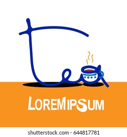Lettering "Tea" stylized in an object with a cup on the table banner of the color of a ripe lemon. Vector for logo design and cafe style concept.