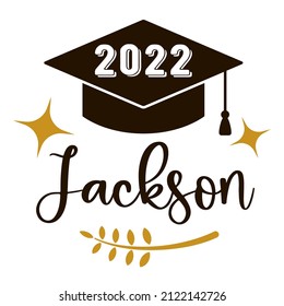 Lettering template for a graduate 2022 with a place for the name. University, school, academy vector symbol with black hat