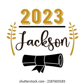 Lettering template for a graduate 2023 with a place for the name. University, school, academy vector symbol with scroll