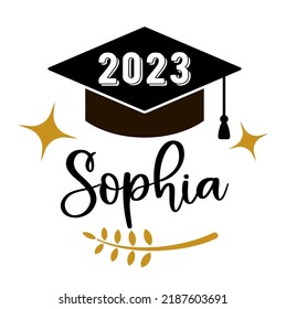 Lettering template for a graduate 2023 with a place for the name. University, school, academy vector symbol with black hat