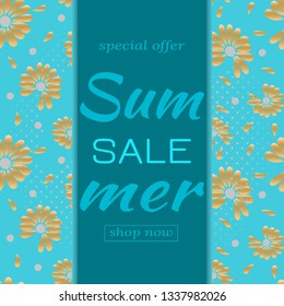 Lettering template for Summer Sales. Pattern with flowers of daisies with golden petals and confetti on blue background. Vector illustration.