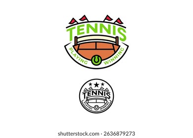 lettering tennis with court, net, flag and ball logo design sets. tennis with stadium, field, ball badge logo design. modern tennis illustration logo collections for tennis sport club and tournament