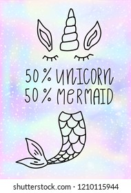 Lettering text 50% mermaid, 50% unicorn on vector background with fish scale and shining sparcles on soft pastel magic color palette gradient.