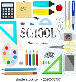 Lettering text back to school and different school supplies.