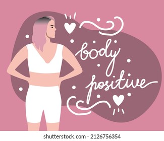 Leer con cuerpo de texto positivo y delgado joven o adolescente. Ilustración de material vectorial plano. Enfermedad de Anarexia. Letras motivadoras.