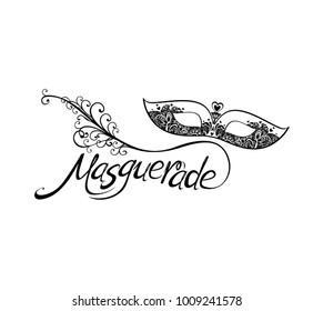 Lettering text design and lace mask and feather isolated on white background for Mardi Gras.