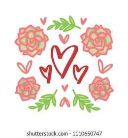 Lettering text with flowers and hearts. Beautiful handwritten vector modern calligraphy art for greeting card, sticker, poster, decoration