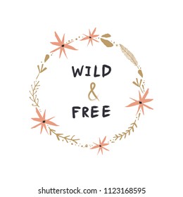 Lettering text and frame template. Floral wreath, pink flowers. Decor elements for postcards, cards, posters, souvenirs and more. Vector, clipart, isolated.