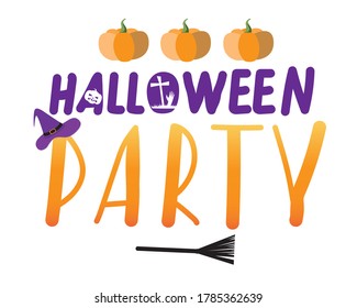 Lettering with text Halloween party isolated on white background as a party invitation or greeting for design. Flat vector stock illustration with letters and silhouettes halloween pumpkins