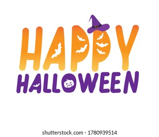 Lettering with text happy halloween isolated on white background as invitation or greeting for design. Flat vector stock illustration with words, halloween pumpkin, witch hat