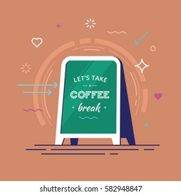 Lettering with text "let's take a coffee break" on a board in hipster style. Vector illustration.