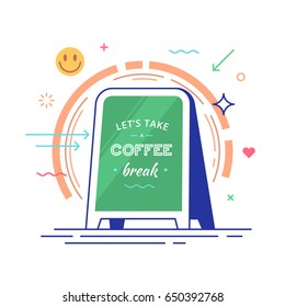 Lettering with text "let's take a coffee break" on a board in hipster style. Vector illustration.