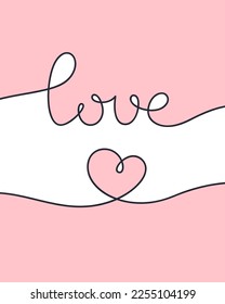 Dejando a los textos amor y corazón. Ilustración vectorial arte de una línea dibujado a mano. Tarjeta o afiche romántico decorativo