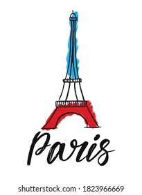 Lettering text Paris and Eiffel Tower sign isolated on white background