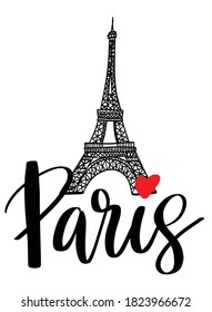 Lettering text Paris and Eiffel Tower sign isolated on white background