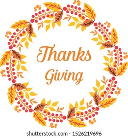 Lettering text of thanksgiving, with plant of autumn leaves frame, isolated on white background. Vector