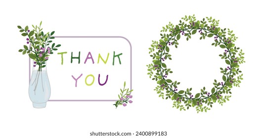Lettering Thank You, a bouquet of flowers and flower wreath on white background. Vector design of a simple postcard