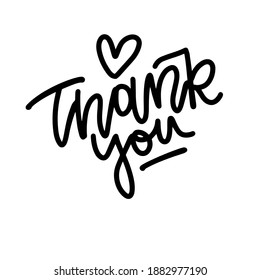 Lettering Thank you isolated on a white background. Signature Icon. Vector outline illustration with heart shape. Can be used as icon or symbol. Decor element. Hand drawn black sketch