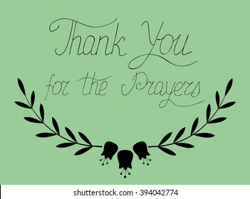The lettering Thank you for the prayers, written on a green background from hands