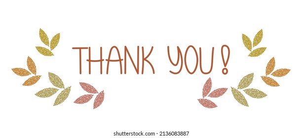 Lettering thank you, red letters on a white background, decorated with abstract leaves. Suitable for postcards, posters, product packaging design