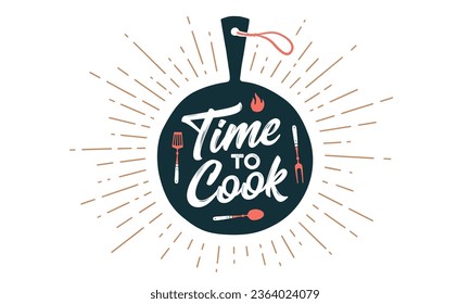 Lettering Time to Cook. Kitchen cutting board. Wall decor, poster, sign, quote. Poster for kitchen design with cutting board and lettering text Time to Cook. Vintage typography. Vector Illustration