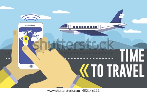Lettering Time to travel vector creative\
illustration flat concept, searching location on map, air plane\
takes off into the\
sky.