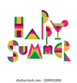 Lettering title "Happy summer" of funny colored geometric letters. Flat style illustration isolated  on white background