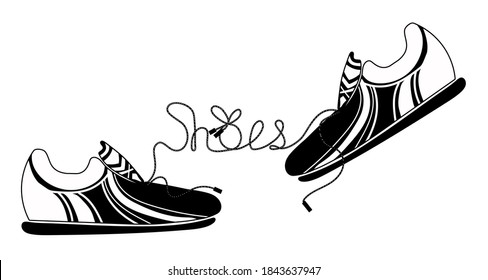 Lettering. Two sneakers are drawn, their laces write the word Shoes. The drawing is made in black and white, isolated on a white background. Stock vector illustration.