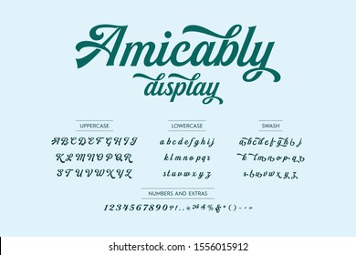 Lettering Typography Alphabet Font Display. Include Uppercase, Lowercase, Swash, Numbers And Extras. Vector Illustration Isolated On Blue Background.