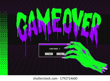 Lettering typography design " Game over " and zombie hand, hand drawn liquid melting style fonts with retro arcade game vibe and digital glitch elements, flat neon violet and green colour