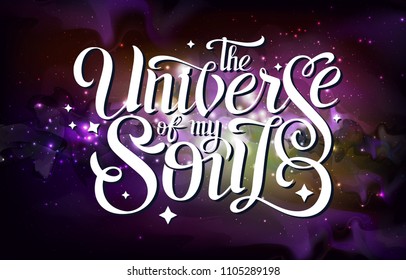 Lettering. typography design on Abstract open space background. Starfield, universe, nebula in galaxy. Vector illustration