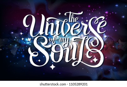 Lettering. typography design on Abstract open space background. Starfield, universe, nebula in galaxy. Vector illustration