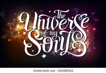 Lettering. typography design on Abstract open space background. Starfield, universe, nebula in galaxy. Vector illustration