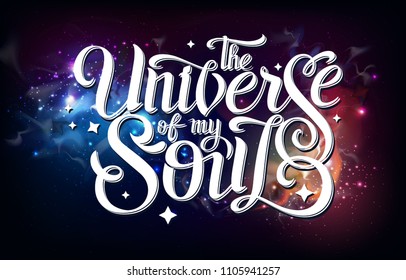 Lettering. typography design on Abstract open space background. Starfield, universe, nebula in galaxy. Vector illustration