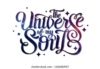 Lettering. typography design on Abstract open space background. Starfield, universe, nebula in galaxy. Vector illustration