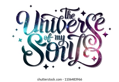 Lettering. typography design on Abstract open space background. Starfield, universe, nebula in galaxy. Vector illustration