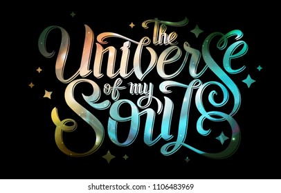 Lettering. typography design on Abstract open space background. Starfield, universe, nebula in galaxy. Vector illustration