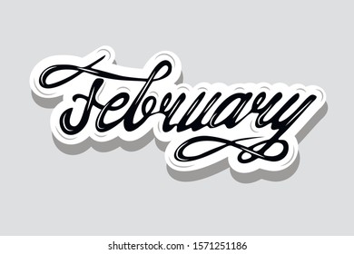 Lettering typography "February". Drawn art sign for icon, card, logo, banner, sticker. Black and white. 