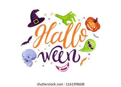 Lettering typography halloween vector illustration with pumpkin, zombie, witch, ghost, vampire. Can use for party invitation, greeting card, banner. Handwritten calligraphy Halloween poster template.