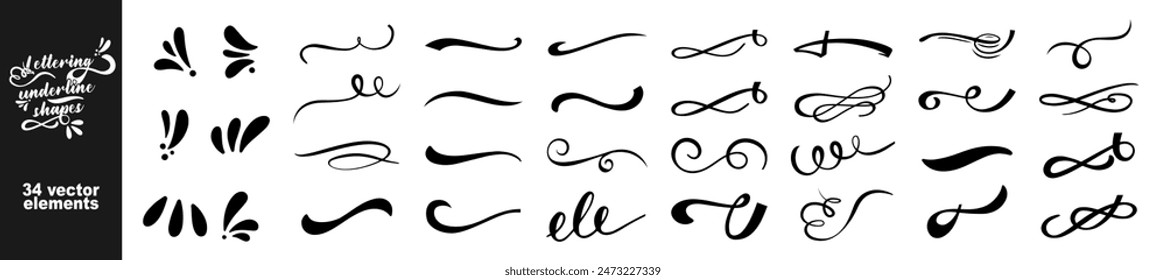 Lettering typography underline shapes set of vector illustration isolated on transparent background. Hand drawn curly swish, swash, squiggle, twiddle. Vector calligraphy doodle swirl sign