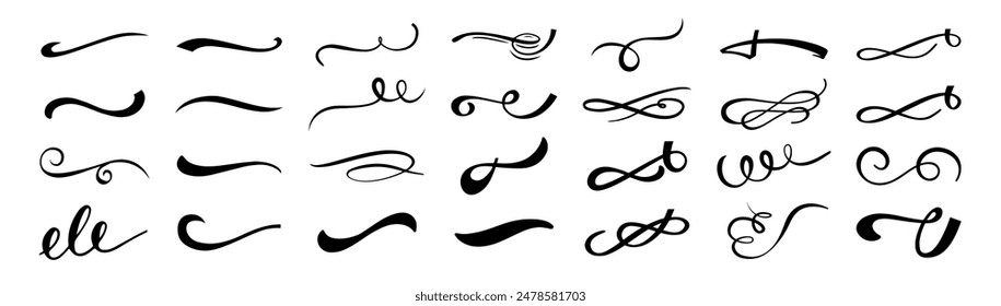 Lettering typography underline shapes set of vector illustration isolated on transparent background. Hand drawn curly swish, swash, squiggle, twiddle. Vector calligraphy doodle swirl sign