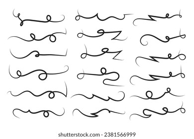 Lettering underline curly swoosh text elements, Typography font curve tail Highlight vector, Text Tails Swooshes Baseball Sign, calligraphy swish wavy decorative swirls, Swirl Lines tail ornaments
