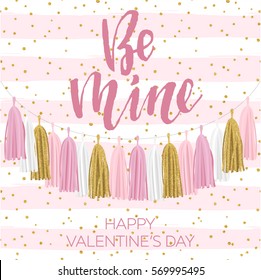 Lettering Valentine's day illustration. Tissue paper tassel garland banner