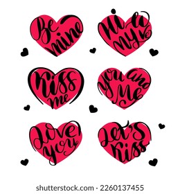 Lettering for Valentine's Day. Lettering in the shape of a heart. A network of inscriptions about love. A declaration of love. Valentines for February 14.