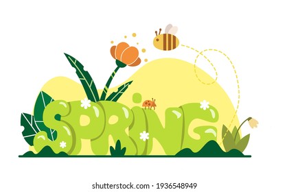 lettering in vector graphics spring with leaves, flowers and bee. For the design of postcards, posters, wallpapers, packaging prints, covers.