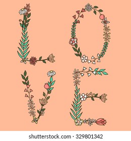 Lettering vector. Hand drawn letters, typography poster. Hand drawn text. Sketch background with floral letters