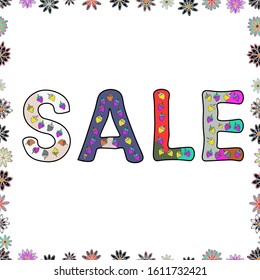 Lettering. Vector illustration. Seamless pattern. Drawn art sign. Lettering in gray, white and violet colors. Sale banner template.