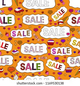 Lettering. Vector illustration. Simple patches, poster, badges in pop art style. Picture in white, orange and black colors. Seamless pattern. Sale banner template design.