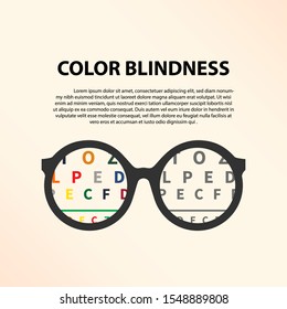 Lettering vector illustration of a word color blindness with glasses. Colorful dots of ishihara daltonism test. Ophthalmologic disease. Poster for ophthalmologic clinic. vector, illustrator
