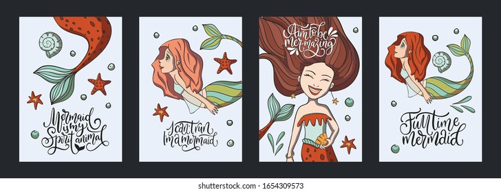 Briefing Vektorillustration Mermaid Karte Set mit süße Illustration und handgezeichnet Kalligrafie Grußquote. Kollektion mit niedlichem Kind- und Mädchendruck und lustigem, handgeschriebenem Typografie-Text.